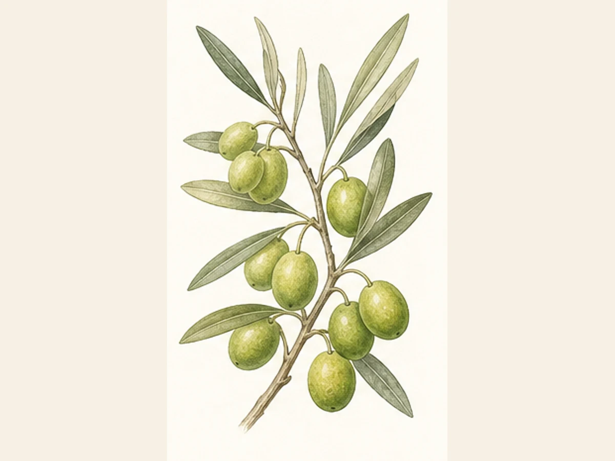 Ilustração editorial representativa de oliveira para a ficha de Conserva de Elvas; não autentica o material, uma planta, fruto, clone ou lote