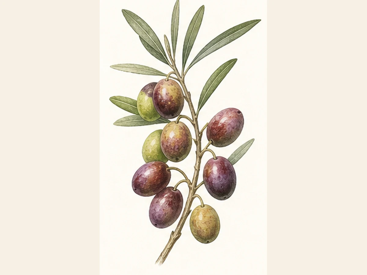 Ilustração editorial representativa de oliveira para a ficha de Coração de Lebre; não autentica o material, uma planta, fruto, clone ou lote
