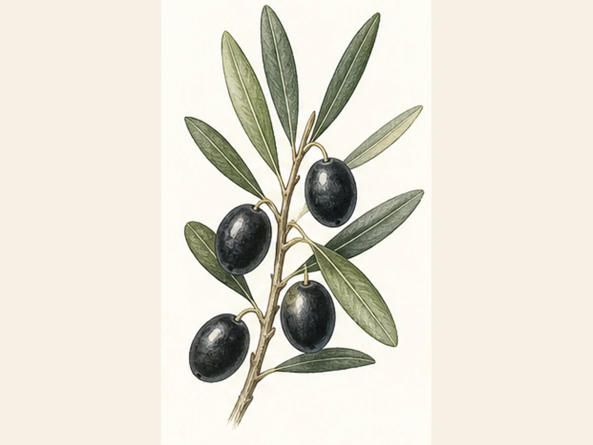 Ilustração editorial representativa de oliveira para a ficha de Cordovesa; não autentica o material, uma planta, fruto, clone ou lote