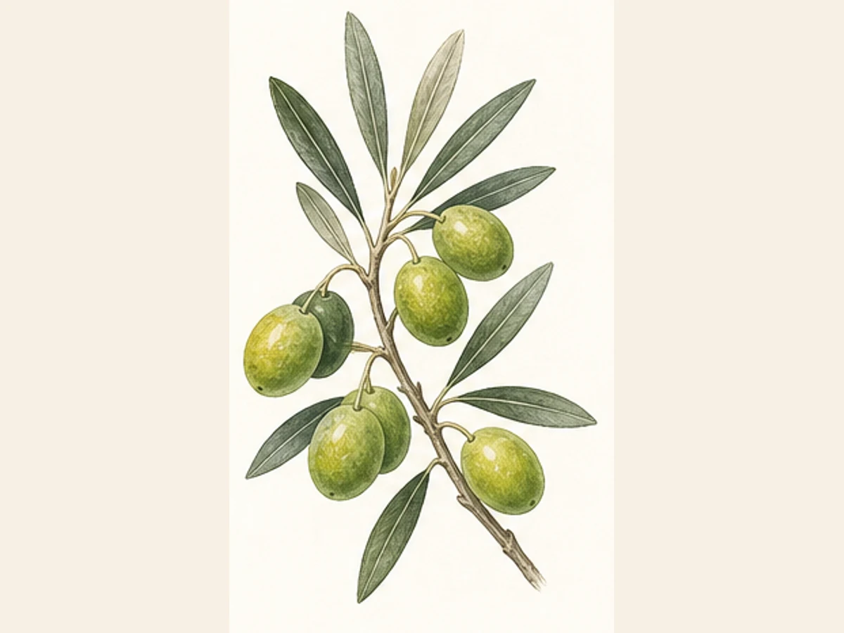 Ilustração editorial representativa de oliveira para a ficha de Cordovil de Castelo Branco; não autentica o material, uma planta, fruto, clone ou lote