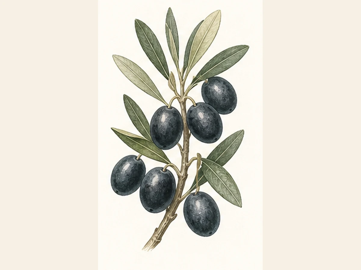 Ilustração editorial representativa de oliveira para a ficha de Cordovil de Elvas; não autentica o material, uma planta, fruto, clone ou lote