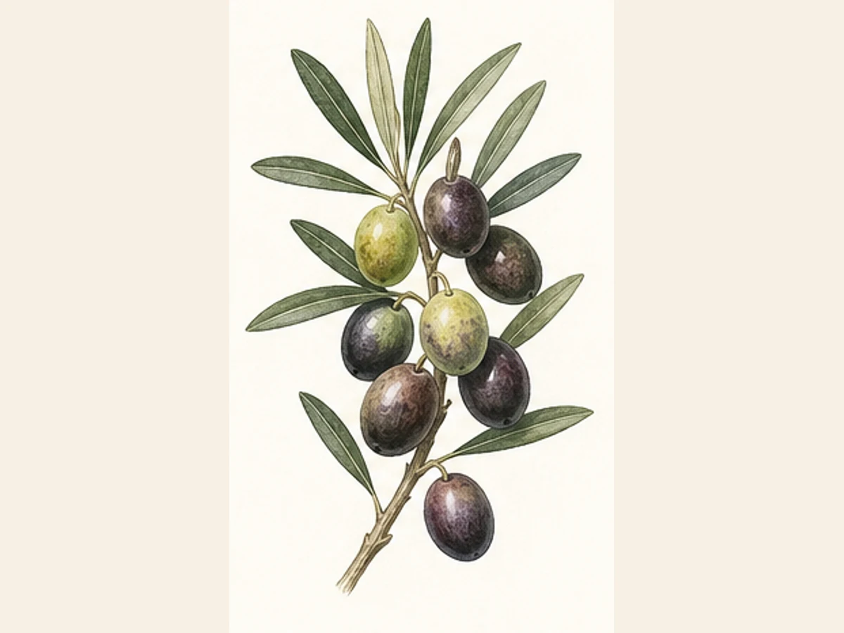 Ilustração editorial representativa de oliveira para a ficha de Cordovil de Trás-os-Montes; não autentica o material, uma planta, fruto, clone ou lote