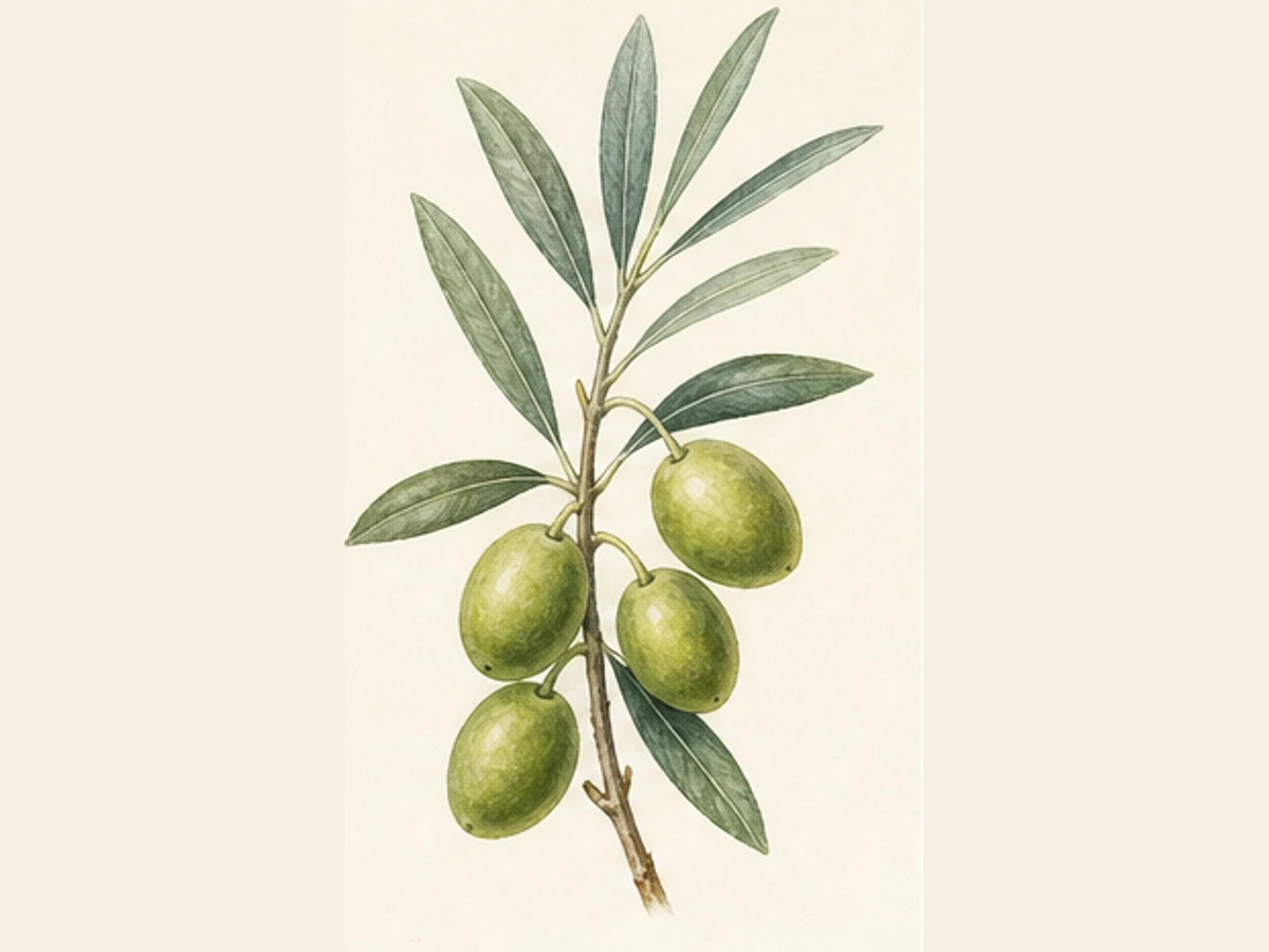 Ilustração editorial representativa de oliveira para a ficha de Cordovil Macho; não autentica o material, uma planta, fruto, clone ou lote