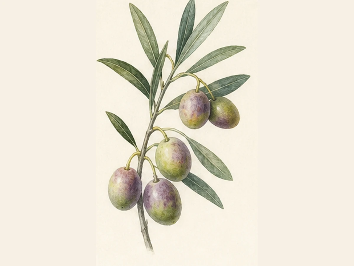 Ilustração editorial representativa de oliveira para a ficha de Cordovil Moscatel; não autentica o material, uma planta, fruto, clone ou lote
