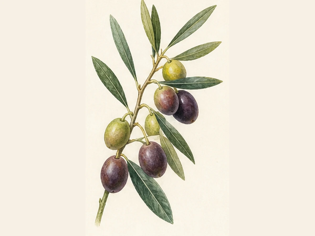 Ilustração editorial representativa de oliveira para a ficha de Cornicabra; não autentica o material, uma planta, fruto, clone ou lote