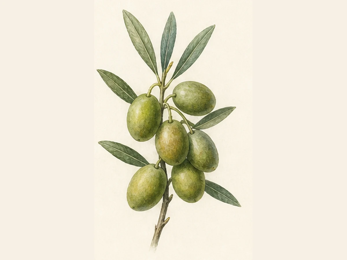 Ilustração editorial representativa de oliveira para a ficha de Galega Grada de Serpa; não autentica o material, uma planta, fruto, clone ou lote