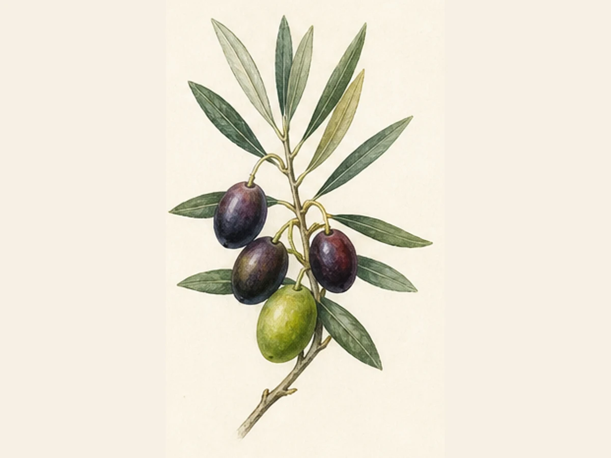 Ilustração editorial representativa de oliveira para a ficha de Galego Bical; não autentica o material, uma planta, fruto, clone ou lote