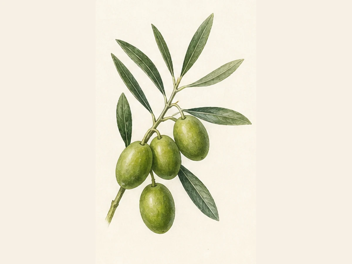 Ilustração editorial representativa de oliveira para a ficha de Galego de Évora; não autentica o material, uma planta, fruto, clone ou lote