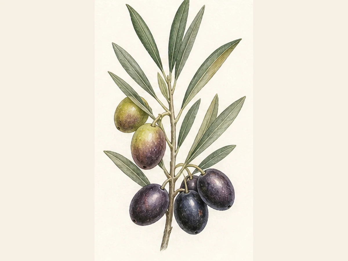 Ilustração editorial representativa de oliveira para a ficha de Grainheira; não autentica o material, uma planta, fruto, clone ou lote