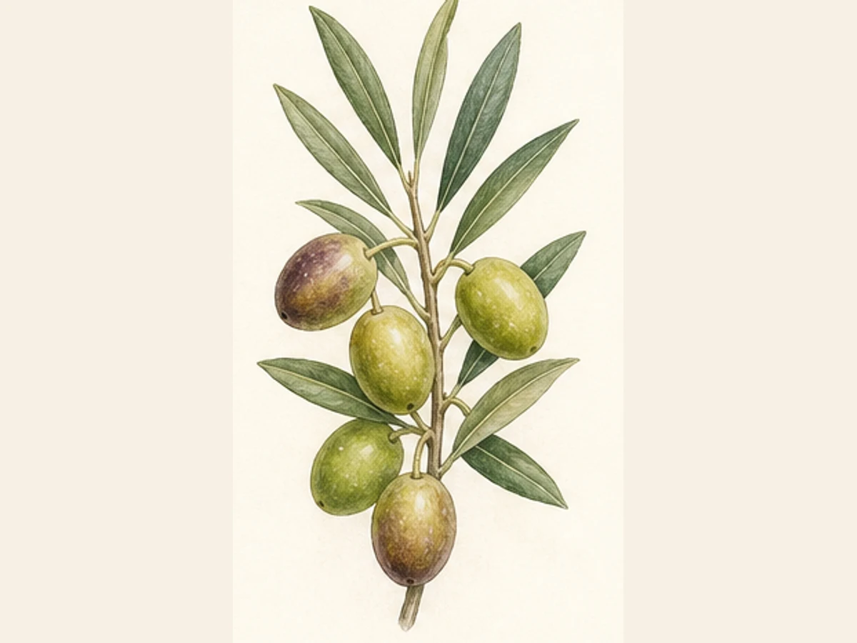 Ilustração editorial representativa de oliveira para a ficha de Gulosinha; não autentica o material, uma planta, fruto, clone ou lote