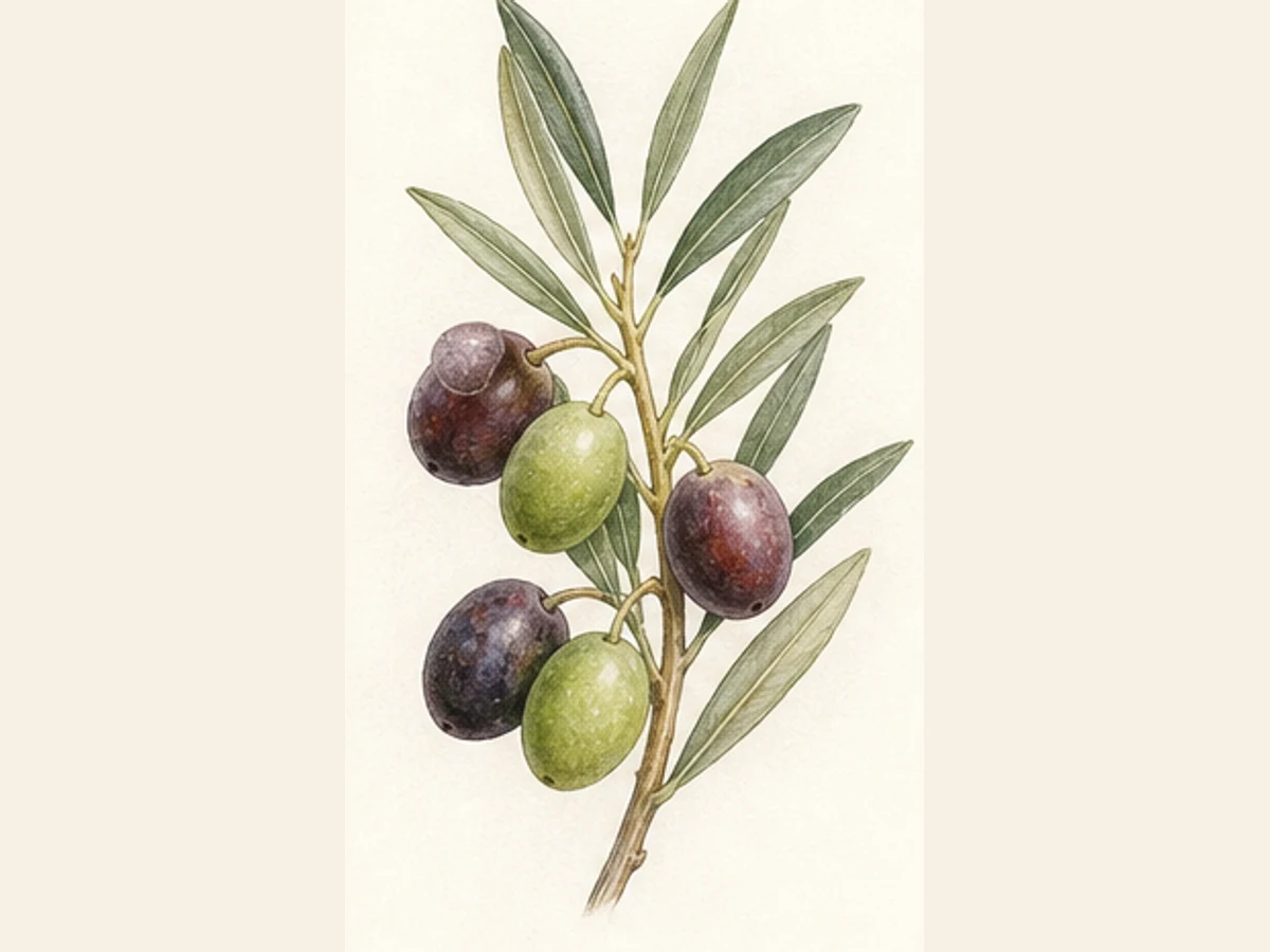 Ilustração editorial representativa de oliveira para a ficha de Lentisca; não autentica o material, uma planta, fruto, clone ou lote