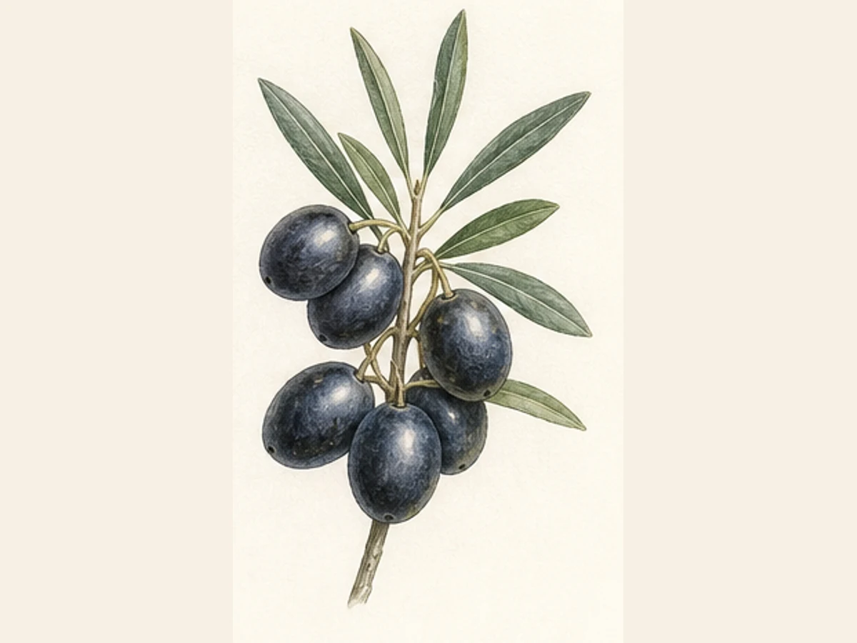 Ilustração editorial representativa de oliveira para a ficha de Leucocarpa; não autentica o material, uma planta, fruto, clone ou lote