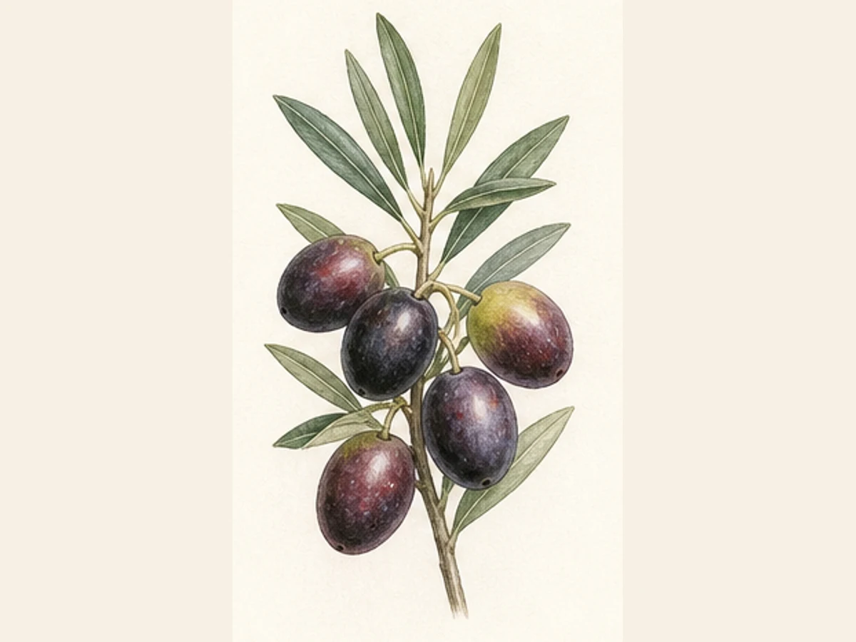 Ilustração editorial representativa de oliveira para a ficha de Longal; não autentica o material, uma planta, fruto, clone ou lote