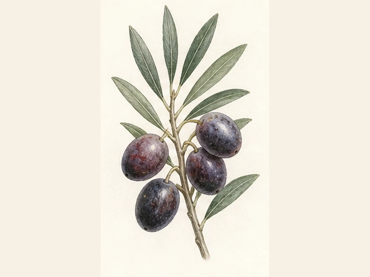 Ilustração editorial representativa de oliveira para a ficha de Maçanilha Algarvia; não autentica o material, uma planta, fruto, clone ou lote