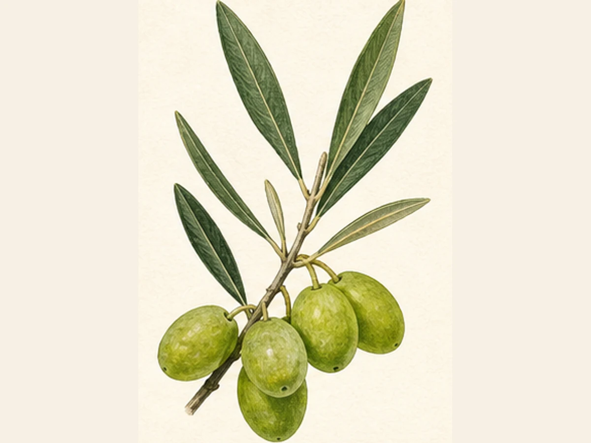Ilustração editorial representativa de oliveira para a ficha de Maçanilha de Elvas; não autentica o material, uma planta, fruto, clone ou lote