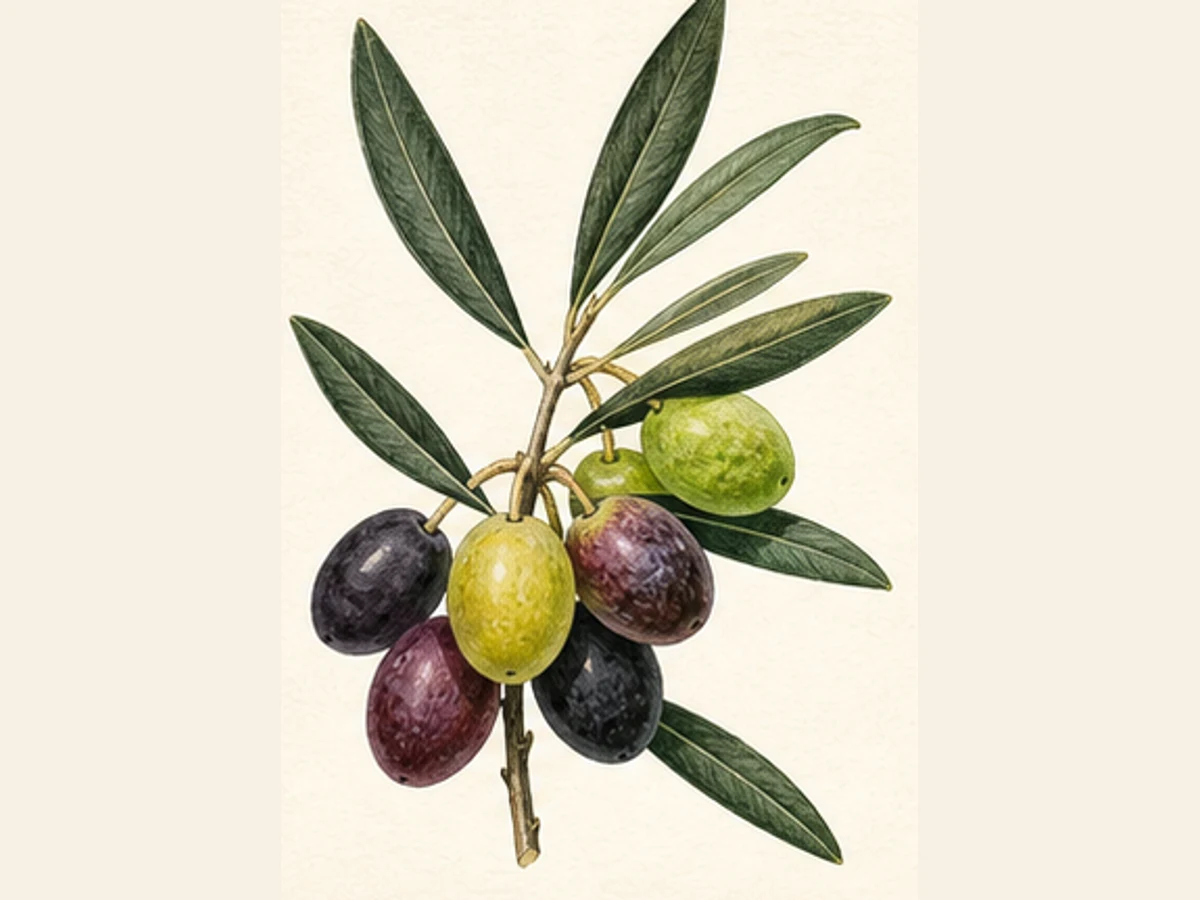 Ilustração editorial representativa de oliveira para a ficha de Madural; não autentica o material, uma planta, fruto, clone ou lote