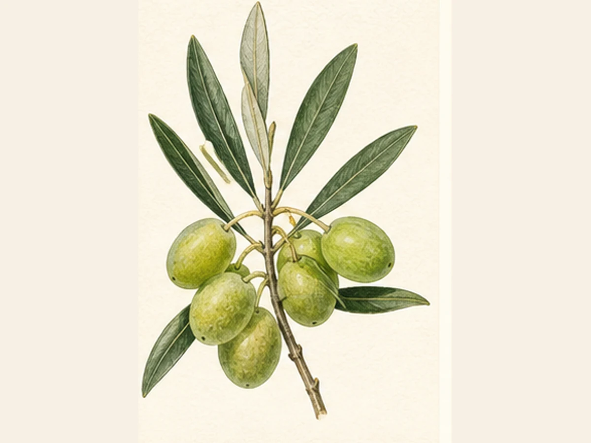 Ilustração editorial representativa de oliveira para a ficha de Moral; não autentica o material, uma planta, fruto, clone ou lote