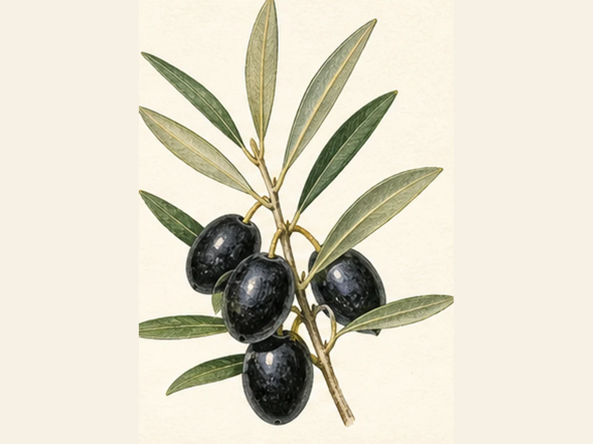 Ilustração editorial representativa de oliveira para a ficha de Negrita; não autentica o material, uma planta, fruto, clone ou lote