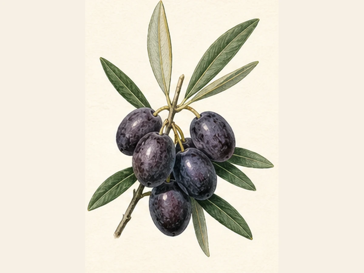 Ilustração editorial representativa de oliveira para a ficha de Negroa; não autentica o material, uma planta, fruto, clone ou lote