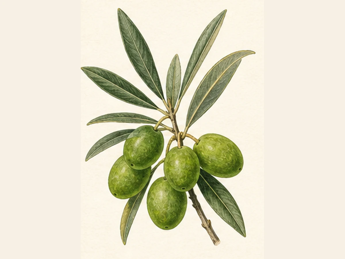Ilustração editorial representativa de oliveira para a ficha de Ocal; não autentica o material, uma planta, fruto, clone ou lote