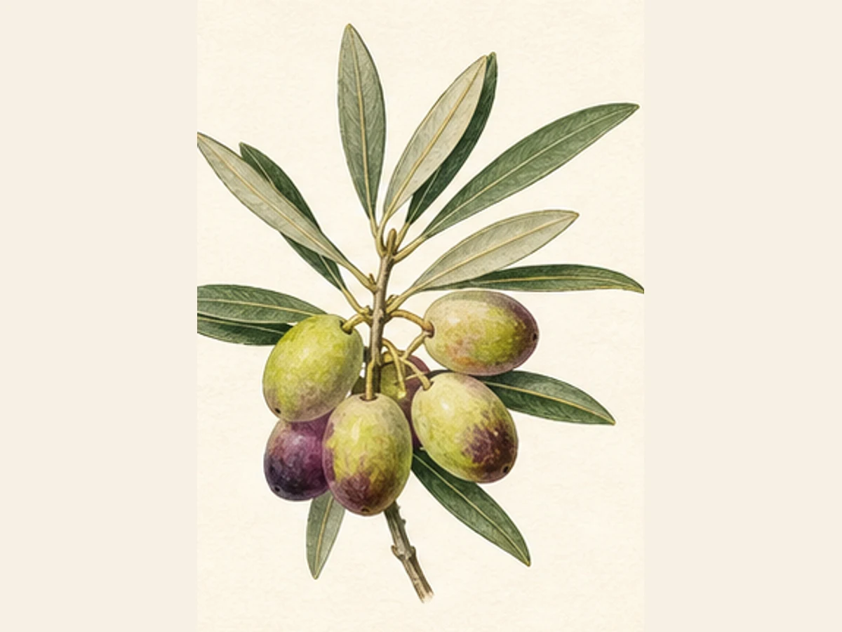 Ilustração editorial representativa de oliveira para a ficha de Quinta do Portado; não autentica o material, uma planta, fruto, clone ou lote