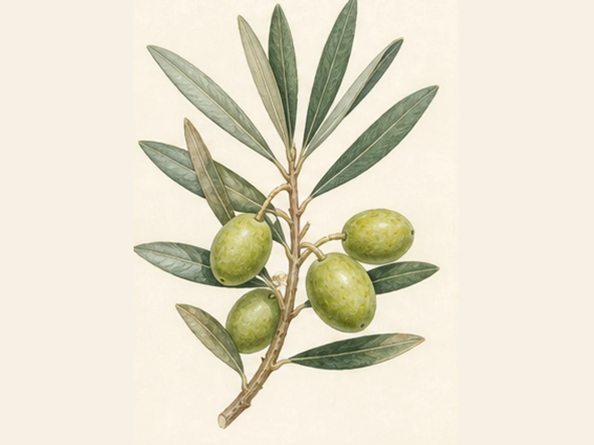 Ilustração editorial representativa de oliveira para a ficha de Redondal; não autentica o material, uma planta, fruto, clone ou lote