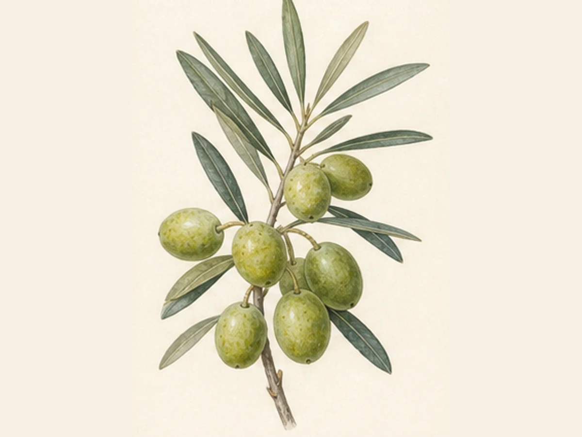 Ilustração editorial representativa de oliveira para a ficha de Santulhana; não autentica o material, uma planta, fruto, clone ou lote
