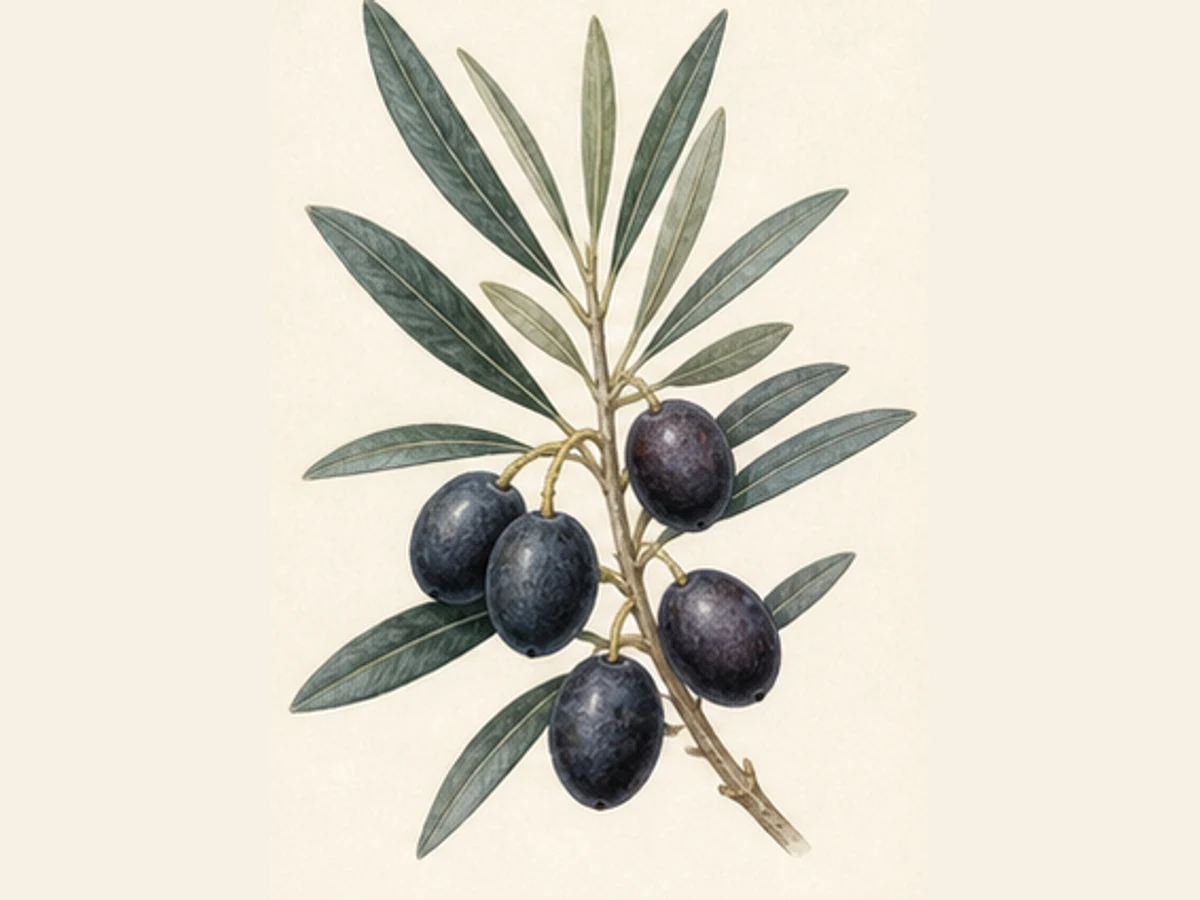 Ilustração editorial representativa de oliveira para a ficha de Tentilheira; não autentica o material, uma planta, fruto, clone ou lote