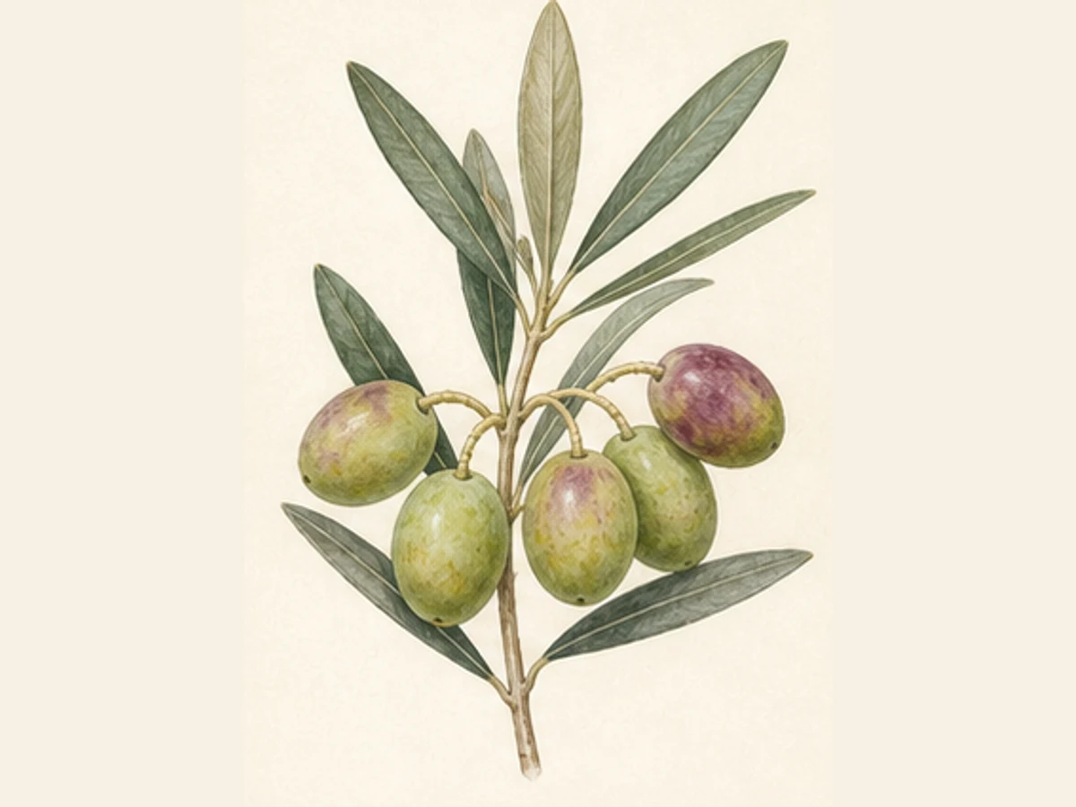 Ilustração editorial representativa de oliveira para a ficha de Verde Verdelho; não autentica o material, uma planta, fruto, clone ou lote