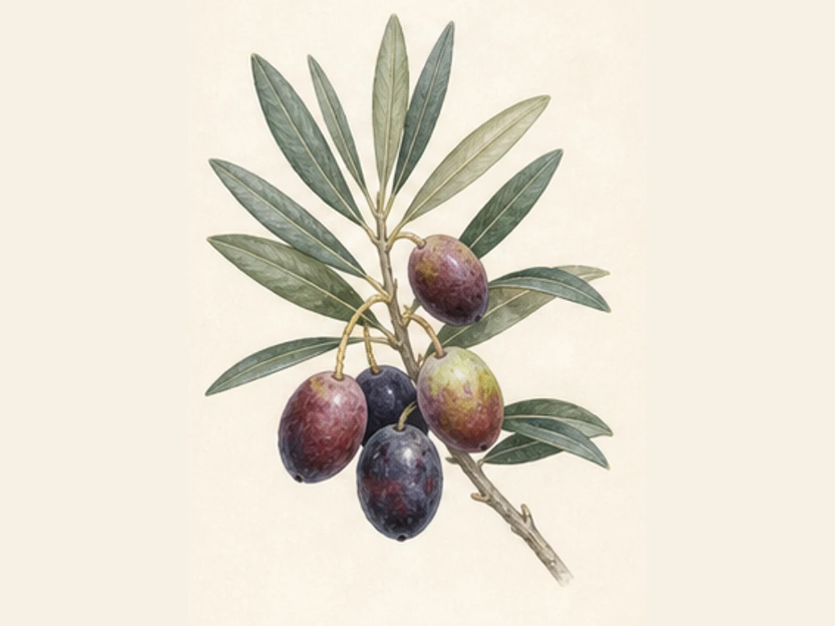 Ilustração editorial representativa de oliveira para a ficha de Zambulha; não autentica o material, uma planta, fruto, clone ou lote