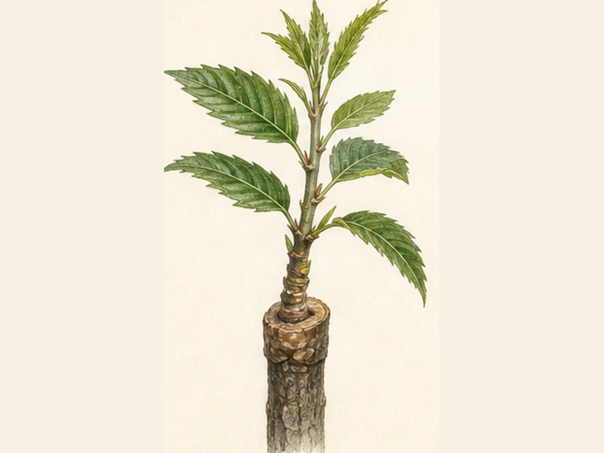 Ilustração editorial representativa de porta-enxerto de castanheiro para a ficha de Castanea SC 55; não autentica o material, uma planta, fruto, clone ou lote