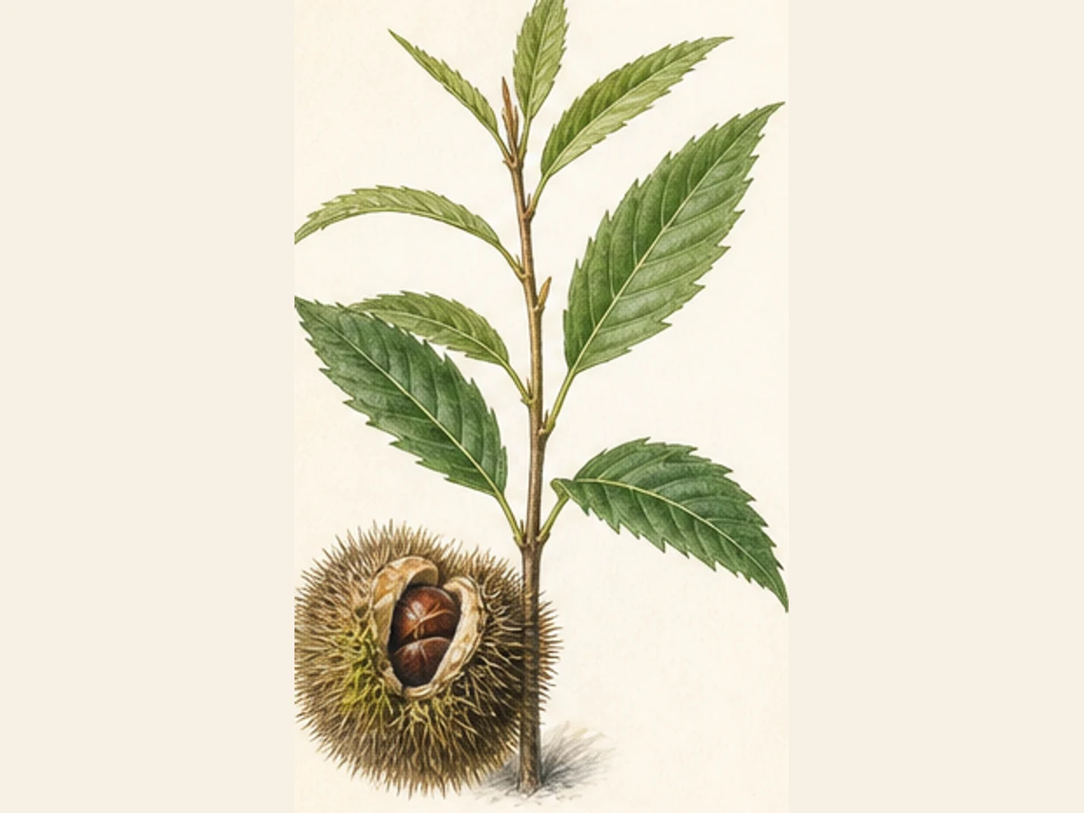 Ilustração editorial representativa de porta-enxerto de castanheiro para a ficha de SM 904; não autentica o material, uma planta, fruto, clone ou lote
