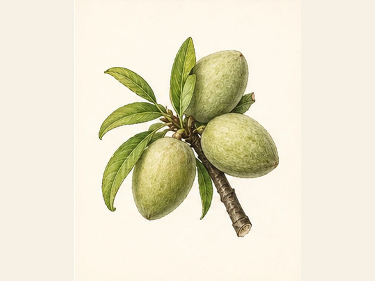 Ilustração editorial representativa de amendoeira para a ficha de Bonita de São Brás; não autentica o material, uma planta, fruto, clone ou lote