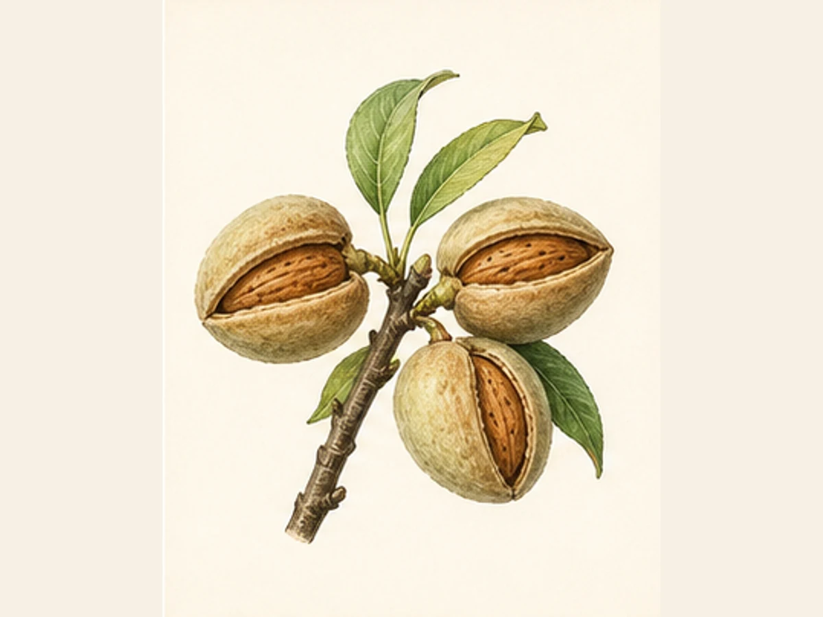 Ilustração editorial representativa de amendoeira para a ficha de Coco; não autentica o material, uma planta, fruto, clone ou lote