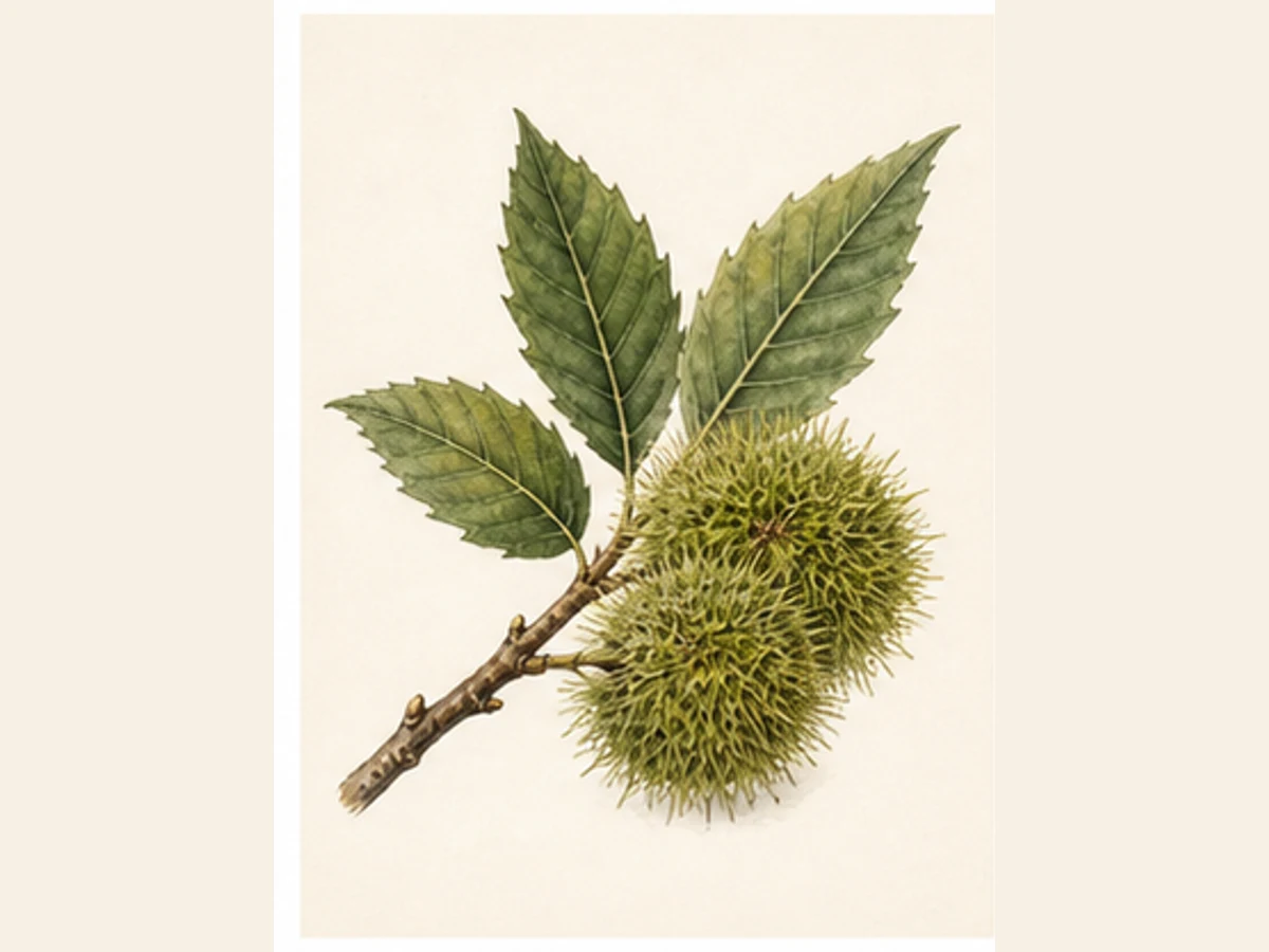 Ilustração editorial representativa de castanheiro para a ficha de Aveleira; não autentica o material, uma planta, fruto, clone ou lote