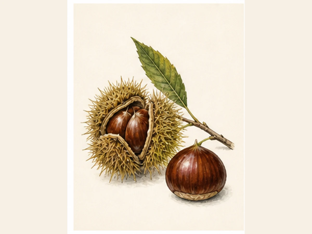 Ilustração editorial representativa de castanheiro para a ficha de Bária; não autentica o material, uma planta, fruto, clone ou lote