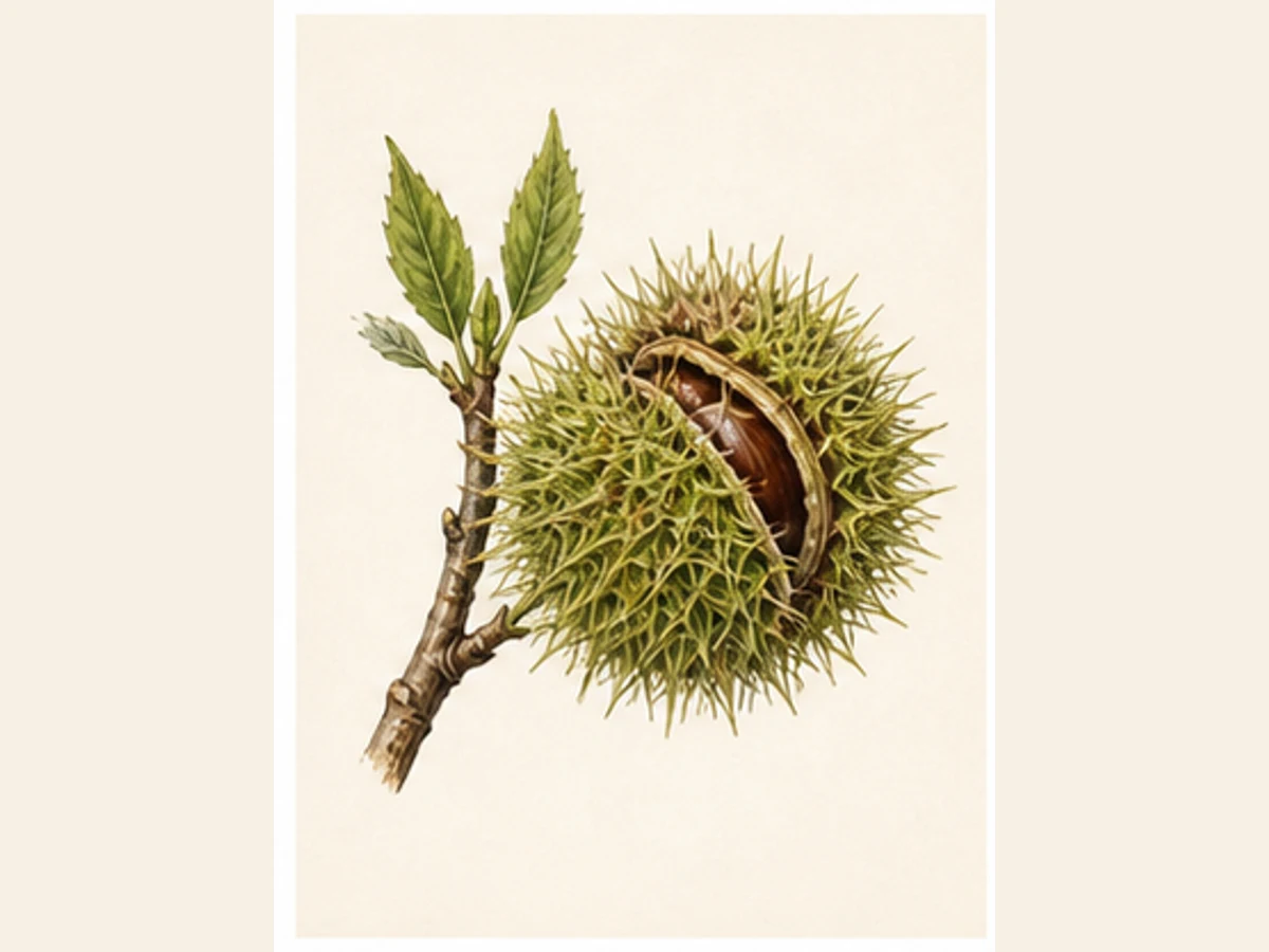 Ilustração editorial representativa de castanheiro para a ficha de Bebim; não autentica o material, uma planta, fruto, clone ou lote
