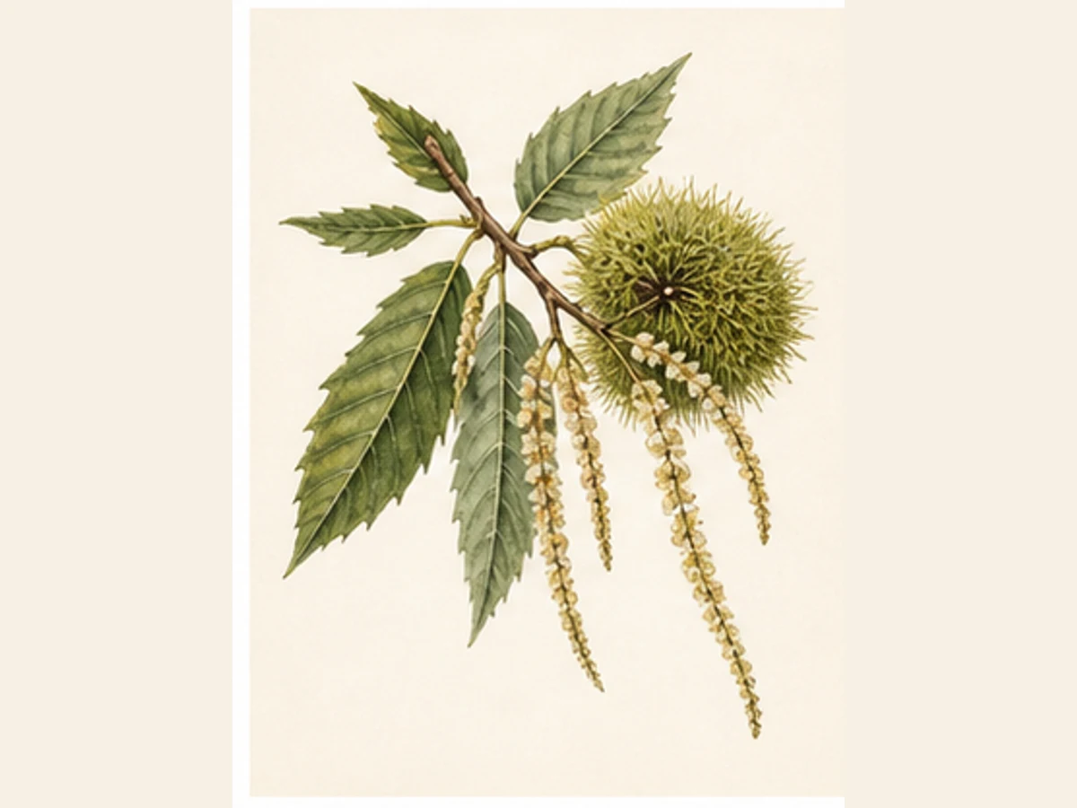 Ilustração editorial representativa de castanheiro para a ficha de Boaventura; não autentica o material, uma planta, fruto, clone ou lote