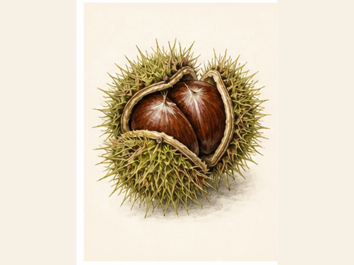 Ilustração editorial representativa de castanheiro para a ficha de Colarinha; não autentica o material, uma planta, fruto, clone ou lote