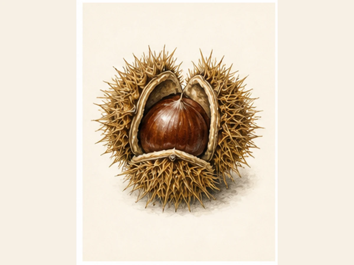 Ilustração editorial representativa de castanheiro para a ficha de Demanda; não autentica o material, uma planta, fruto, clone ou lote