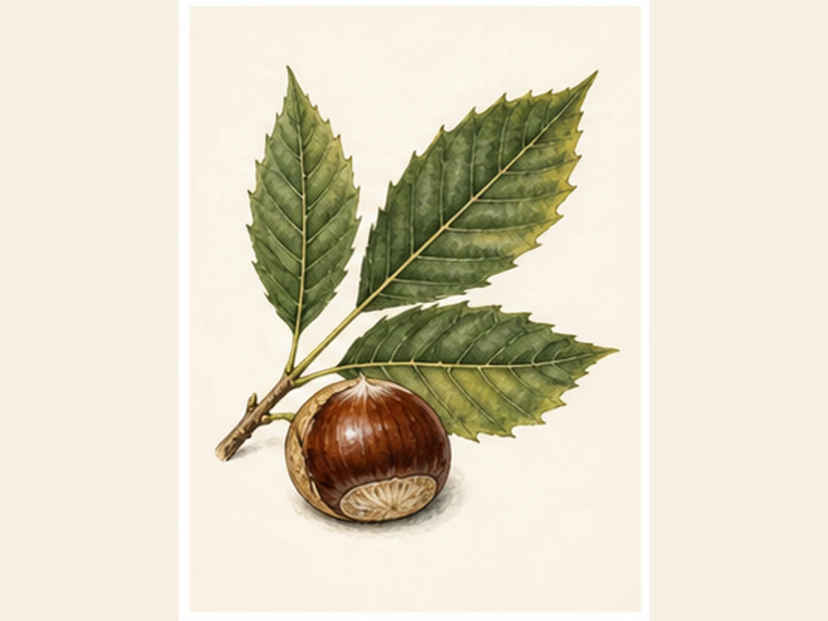 Ilustração editorial representativa de castanheiro para a ficha de Do Tarde; não autentica o material, uma planta, fruto, clone ou lote