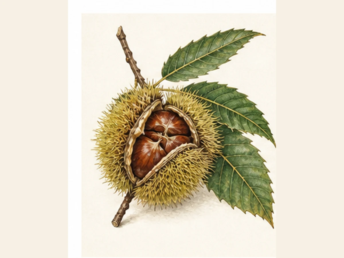 Ilustração editorial representativa de castanheiro para a ficha de Formosa; não autentica o material, uma planta, fruto, clone ou lote