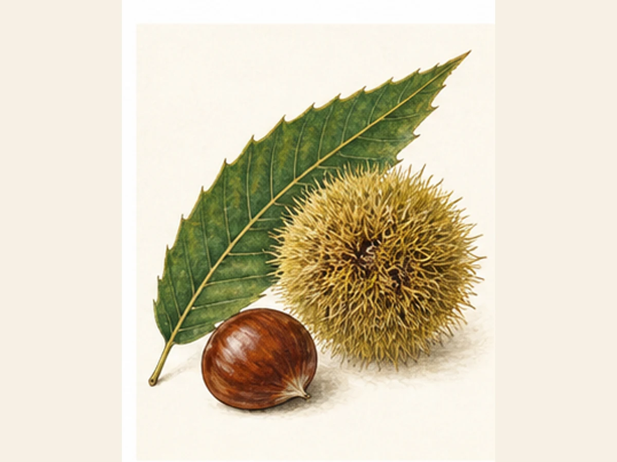 Ilustração editorial representativa de castanheiro para a ficha de Judia; não autentica o material, uma planta, fruto, clone ou lote
