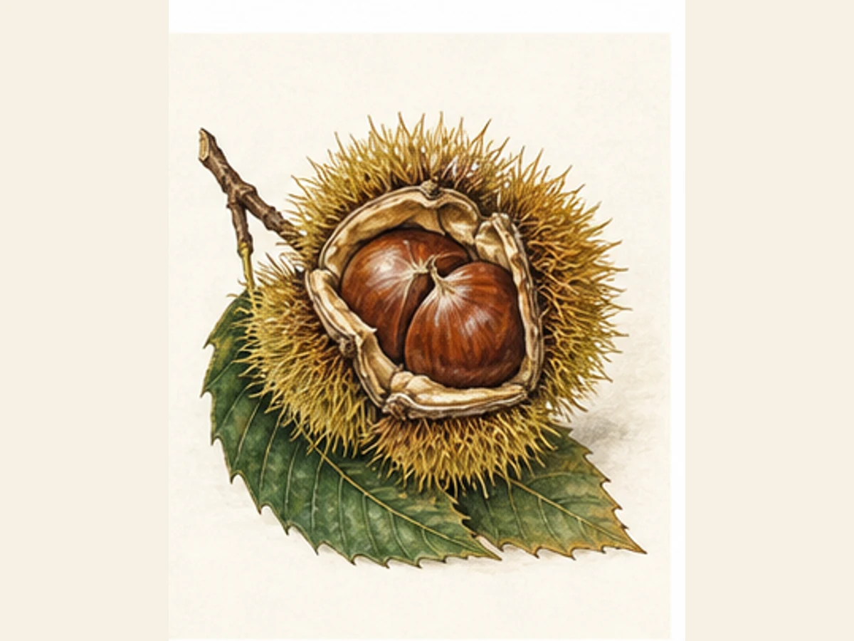 Ilustração editorial representativa de castanheiro para a ficha de Lamela; não autentica o material, uma planta, fruto, clone ou lote