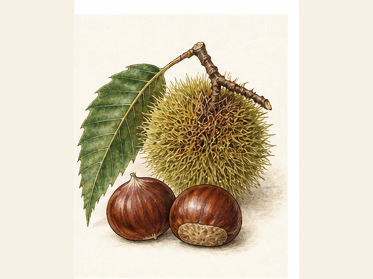 Ilustração editorial representativa de castanheiro para a ficha de Longal; não autentica o material, uma planta, fruto, clone ou lote