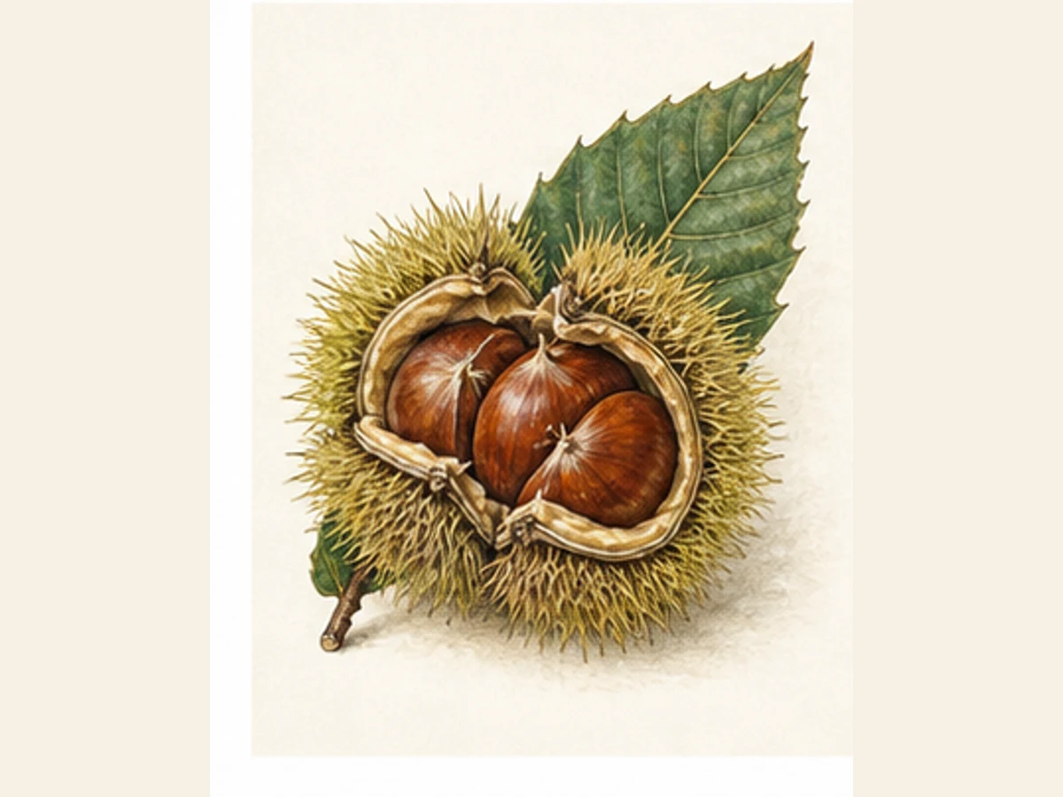 Ilustração editorial representativa de castanheiro para a ficha de Martaínha; não autentica o material, uma planta, fruto, clone ou lote