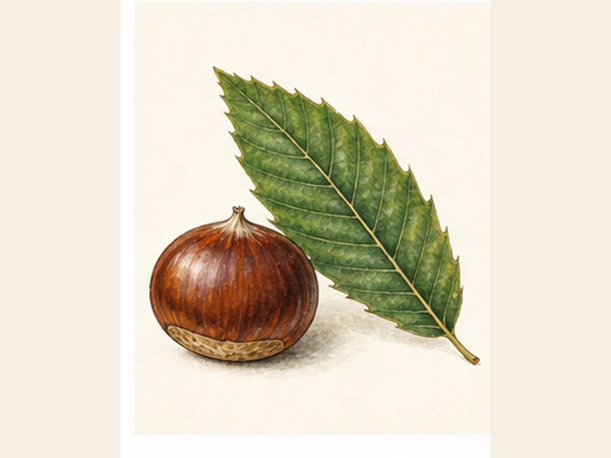 Ilustração editorial representativa de castanheiro para a ficha de Misericórdia; não autentica o material, uma planta, fruto, clone ou lote