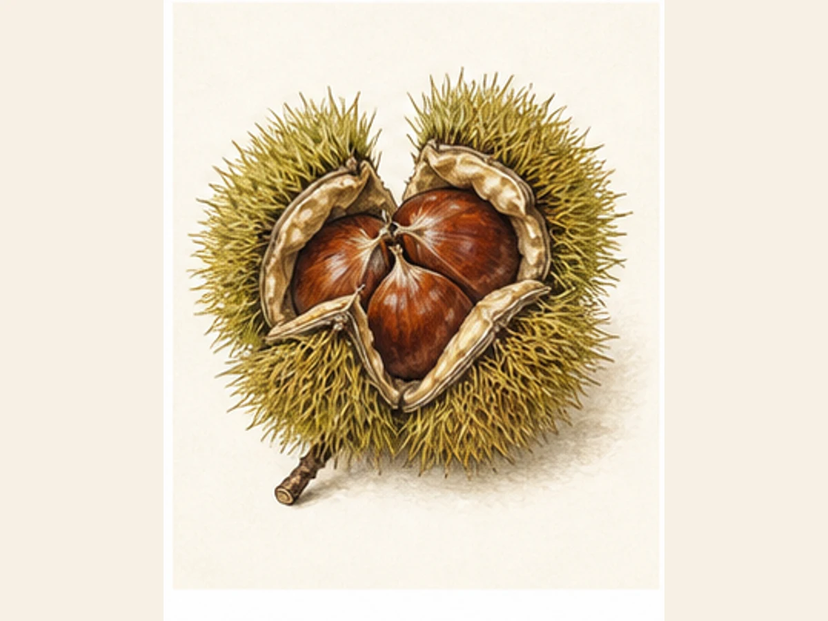 Ilustração editorial representativa de castanheiro para a ficha de Moreira; não autentica o material, uma planta, fruto, clone ou lote