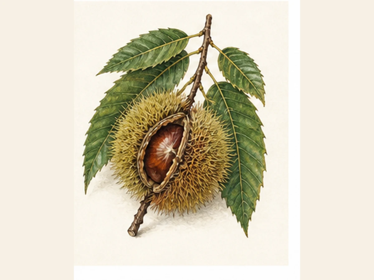 Ilustração editorial representativa de castanheiro para a ficha de Negrinha; não autentica o material, uma planta, fruto, clone ou lote