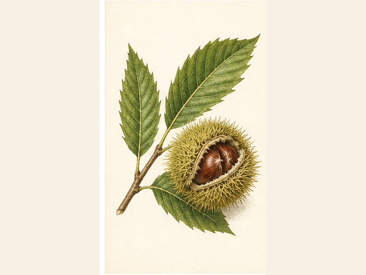 Ilustração editorial representativa de castanheiro para a ficha de Passã; não autentica o material, uma planta, fruto, clone ou lote